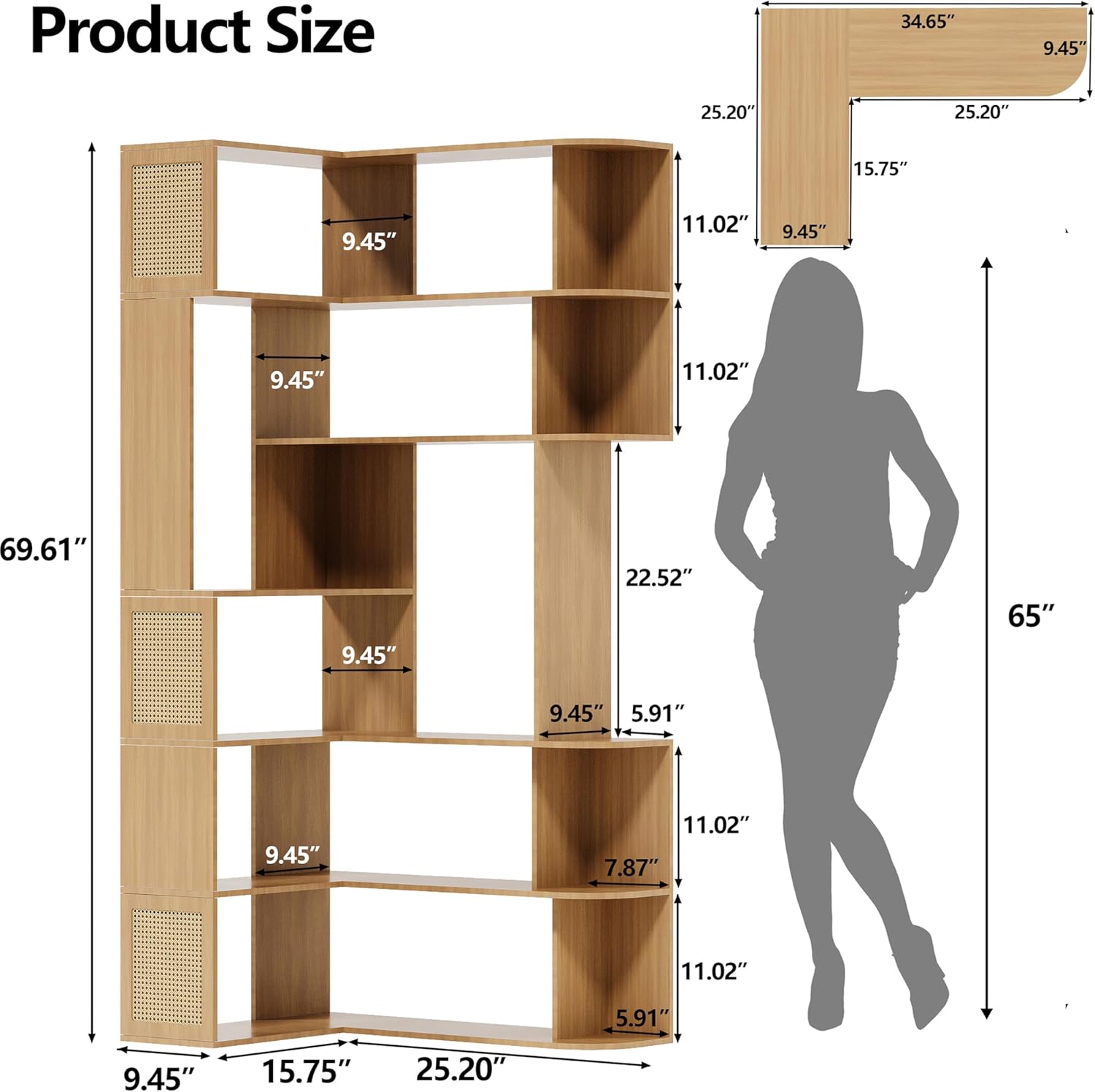 Corner Bookshelf 7-Tier,Farmhouse Corner Shelf,Tall Book Shelf L-Shaped Shelf Display Rack for Bedroom,Large Etagere Bookcase for Home Office Shelves(M-Walnut Wood)