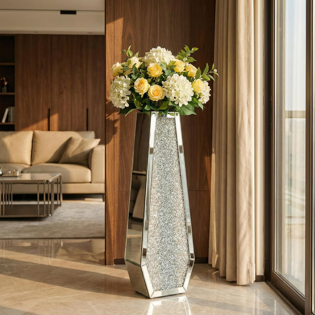30' Large Double Sided Crushed Diamond Floor Vases,Tall Silver Mirrored Crystal Vase for Floor, Floor Vases Decorative Tall for Home,Office,Hotel (Silver,10.6' L x 5.3' W x 30' H)