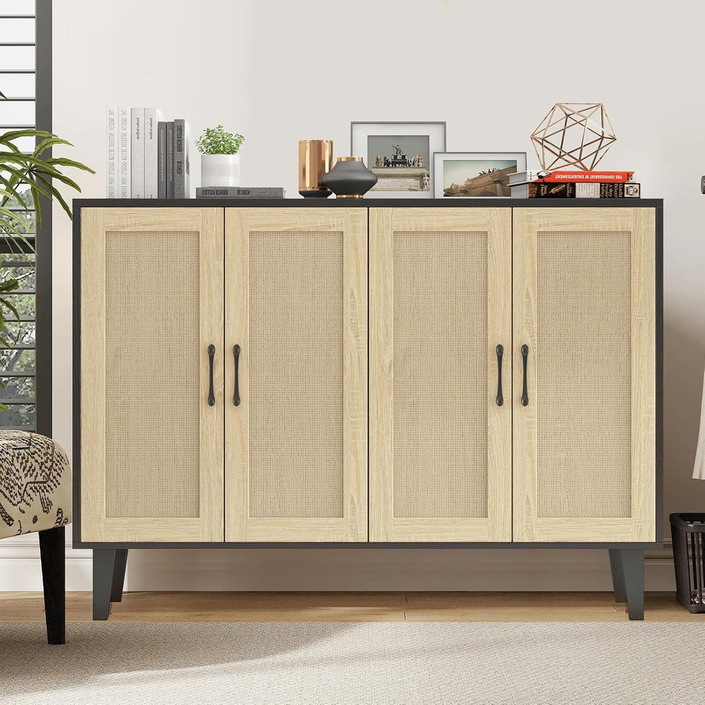 Panana Buffet Storage Cabinet with Rattan Decorating 4 Doors Living Room Kitchen Sideboard 48.43 x 34.65 x 15 inch (Black)