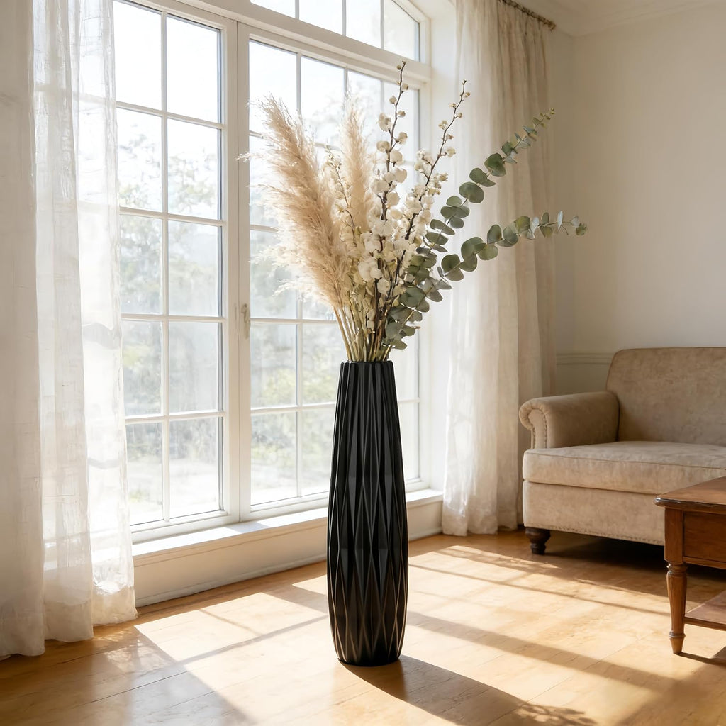 Tall Black Floor Vase – 28' Twisted Geometric Ceramic Vase for Modern Home, Living Room, Table Centerpiece or Corner Decoration