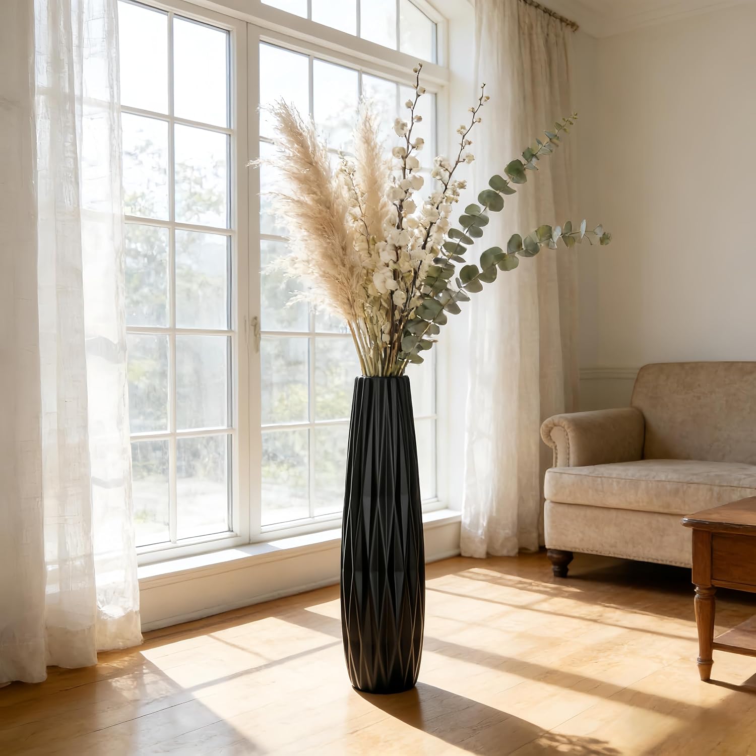 Tall Black Floor Vase – 28' Twisted Geometric Ceramic Vase for Modern Home, Living Room, Table Centerpiece or Corner Decoration