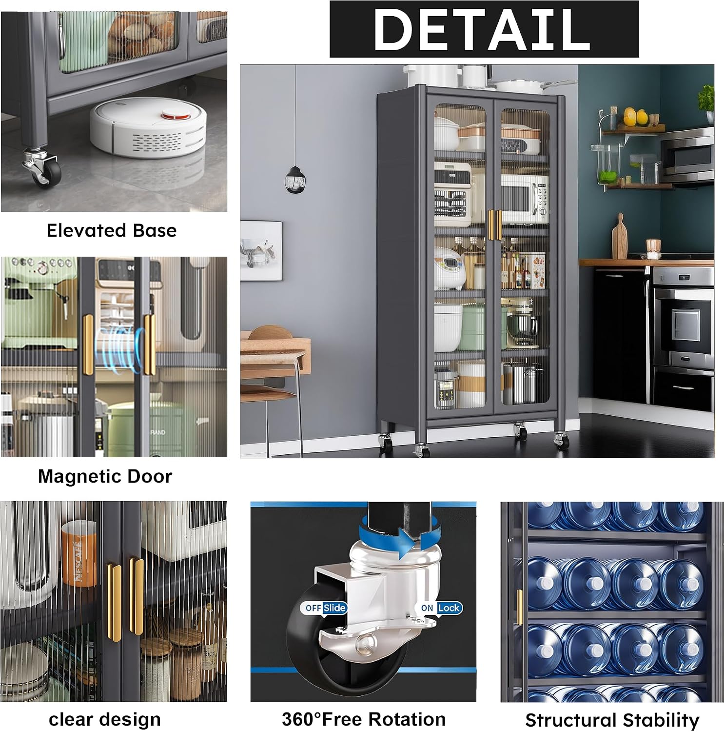 67.3' Kitchen Pantry Storage Cabinet with Magnetic Door, Adjustable Shelves & Wheels,Metal Tall Food Pantries Cabinets,for Kitchen, Living Room and Dining Room, Gray