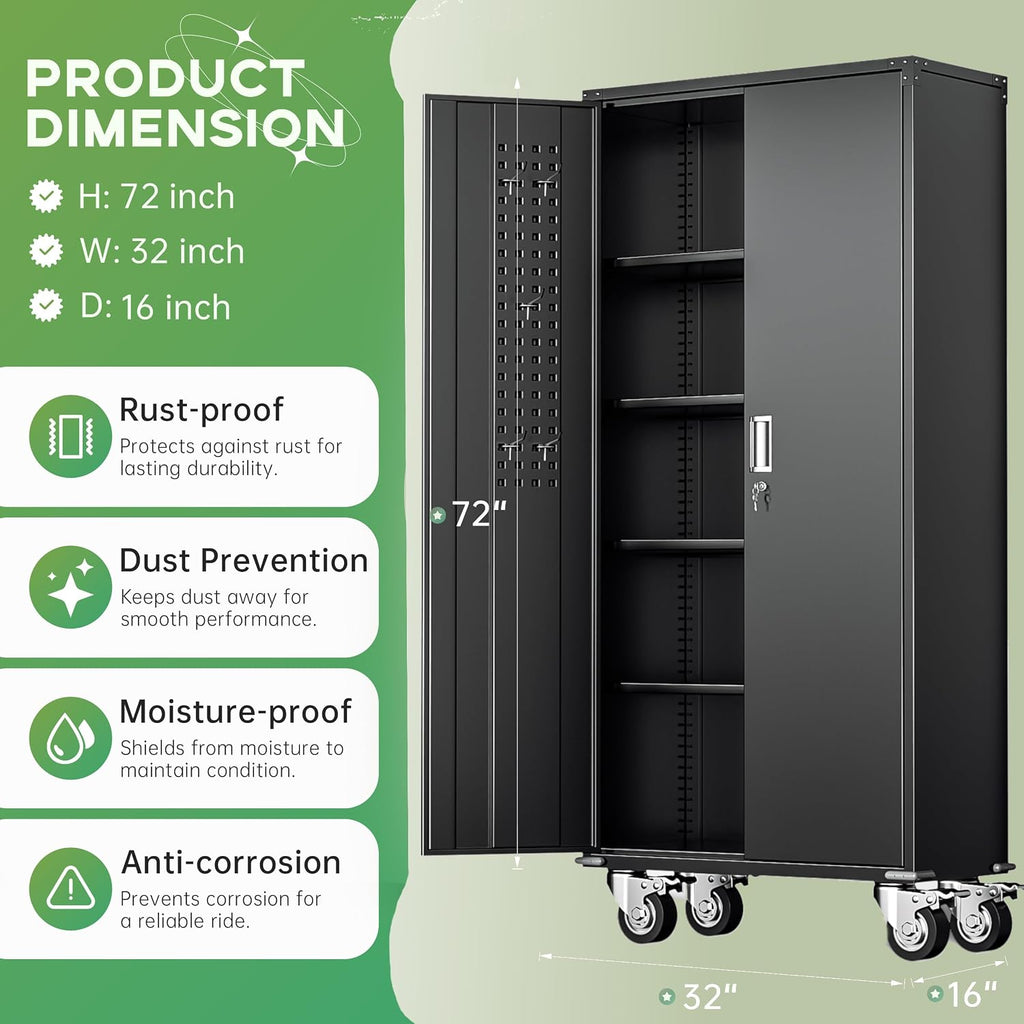 INTERGREAT Rolling Metal Cabinet with Wheels, 72' Locking Storage Cabinet with Adjustable Shelves, Large Capacity Pulley Cabinets for Home Office, School, Warehouse(Black)