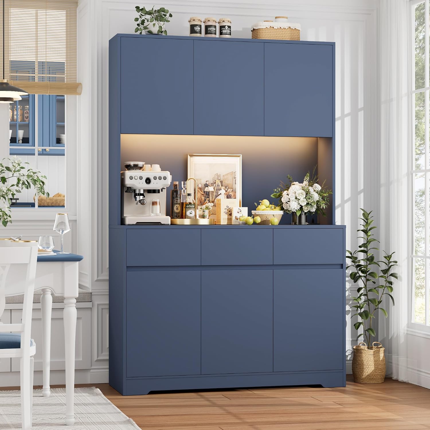 FINETONES 71' Pantry Cabinet with Power Outlets and Led Lights, Large Kitchen Hutch Storage with Microwave Stand, Tall Pantry Kitchen Cabinet with Cupboard, Blue