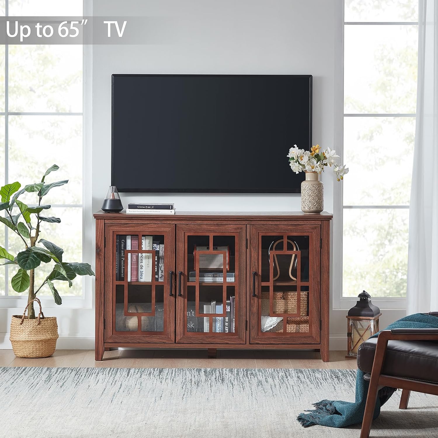 Joaxswe Large Sideboard Buffet Cabinet with Storage, 55' Farmhouse Credenza with 3 Glass Doors, Adjustable Shelves Console Table, Wood Kitchen Coffee Bar for Dining Room, Living Room, Brown