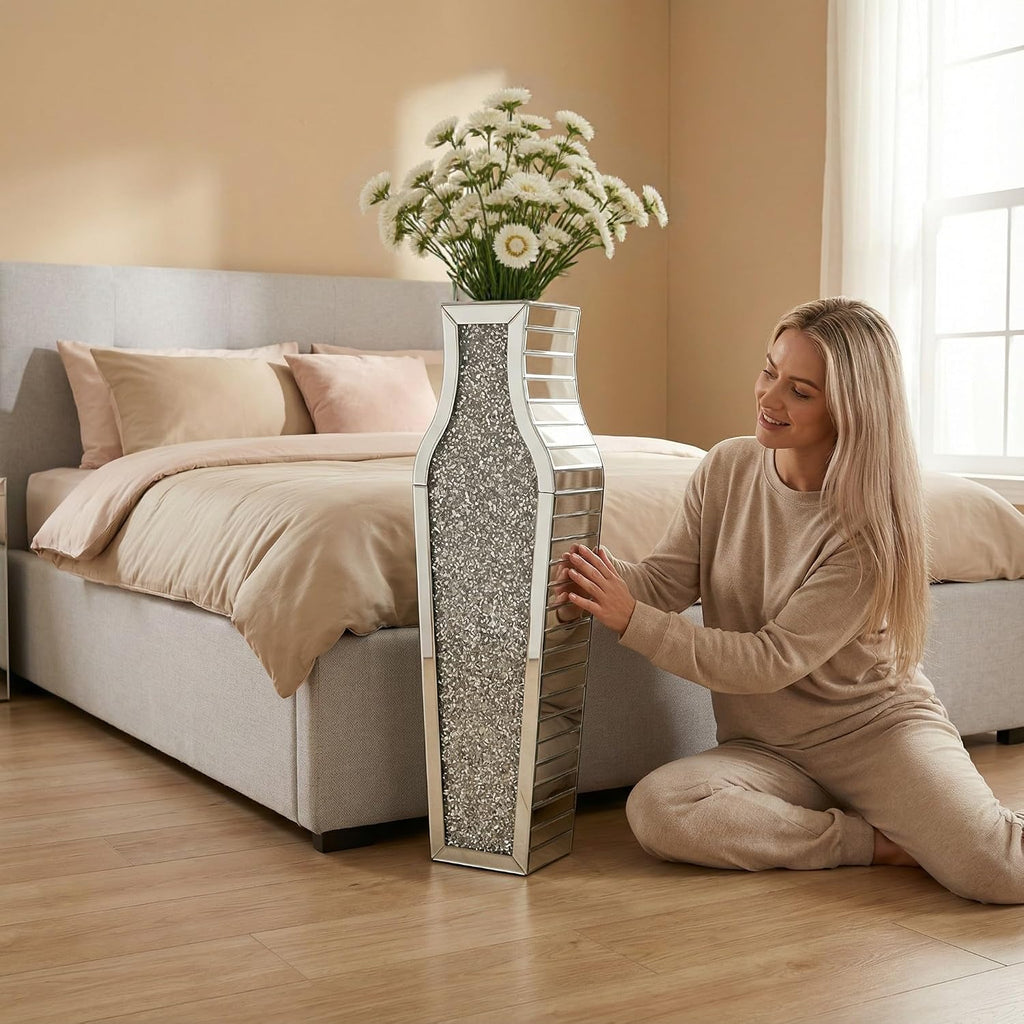 30' Large Double Sided Crushed Diamond Floor Vases,Tall Silver Mirrored Crystal Vase for Floor,Big Floor Vases Decorative Tall for Home,Office,Hotel(Silver,8.6' L x 5.3' W x 30' H)