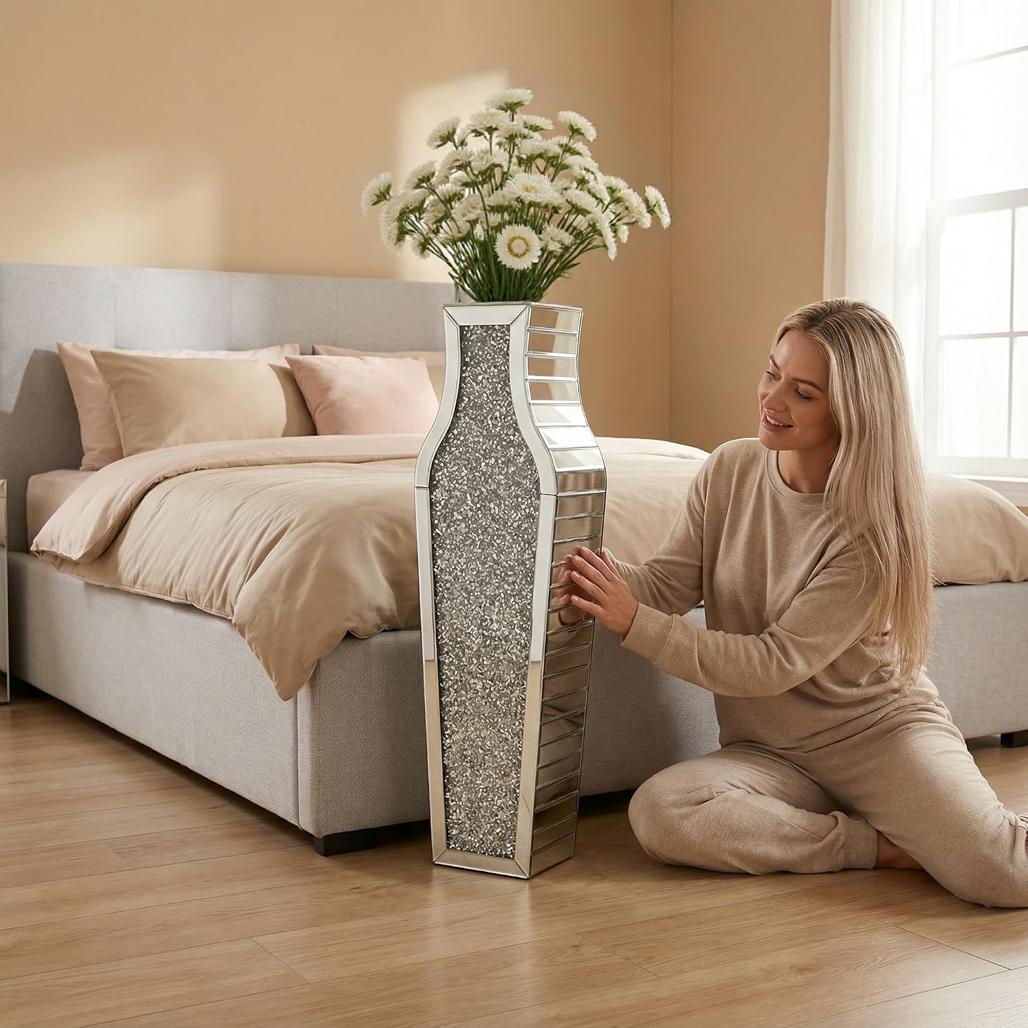 30' Large Double Sided Crushed Diamond Floor Vases,Tall Silver Mirrored Crystal Vase for Floor,Big Floor Vases Decorative Tall for Home,Office,Hotel(Silver,8.6' L x 5.3' W x 30' H)