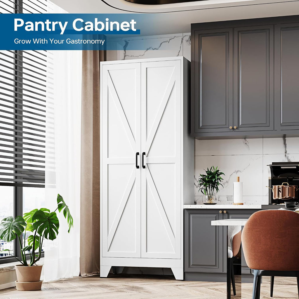 PEUKC 75' Farmhouse Metal Storage Cabinet with Doors and 4 Adjustable Shelves, Large Pantry Organizer for Kitchen, Dining Room, and Living Room,Assemble Require(White)