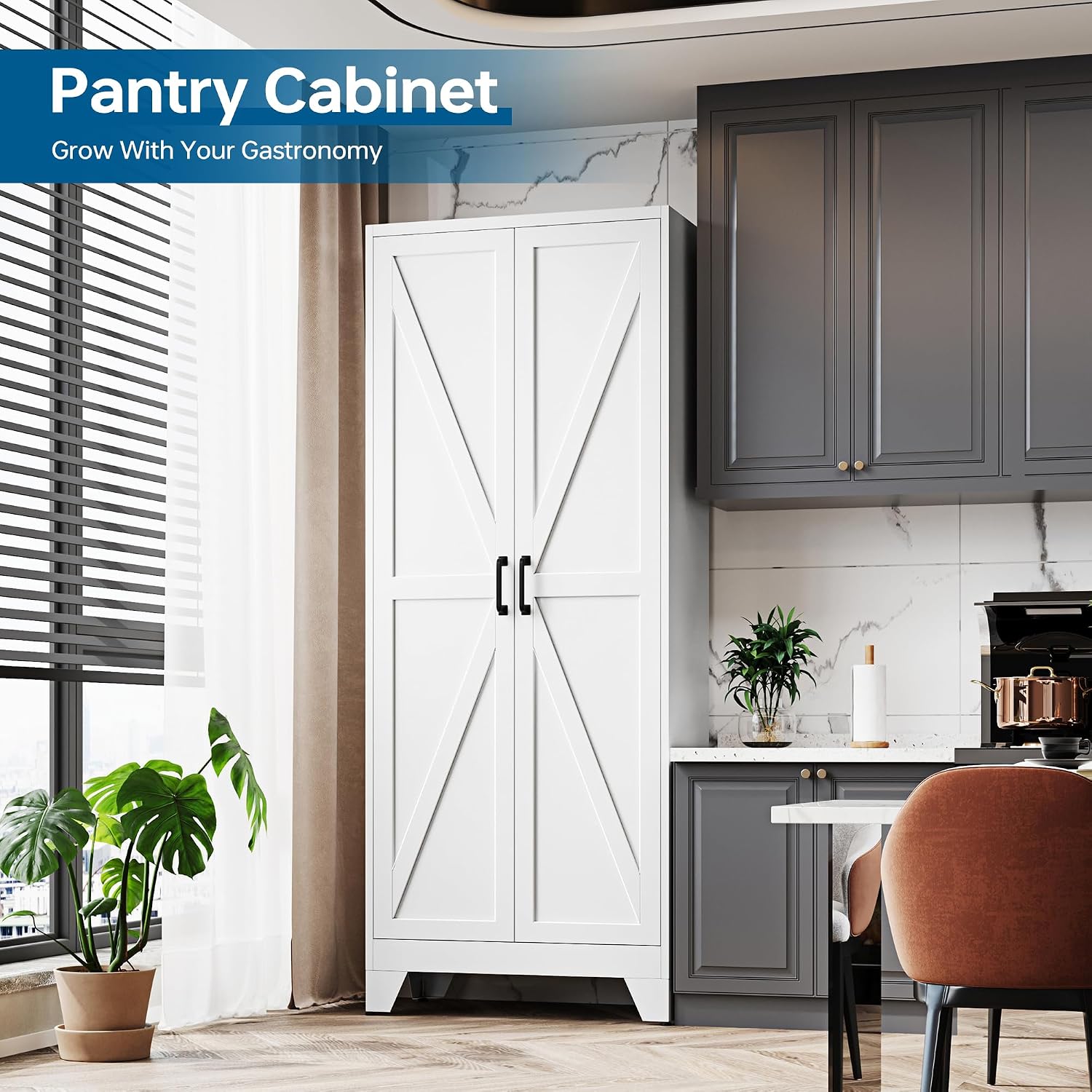 PEUKC 75' Farmhouse Metal Storage Cabinet with Doors and 4 Adjustable Shelves, Large Pantry Organizer for Kitchen, Dining Room, and Living Room,Assemble Require(White)