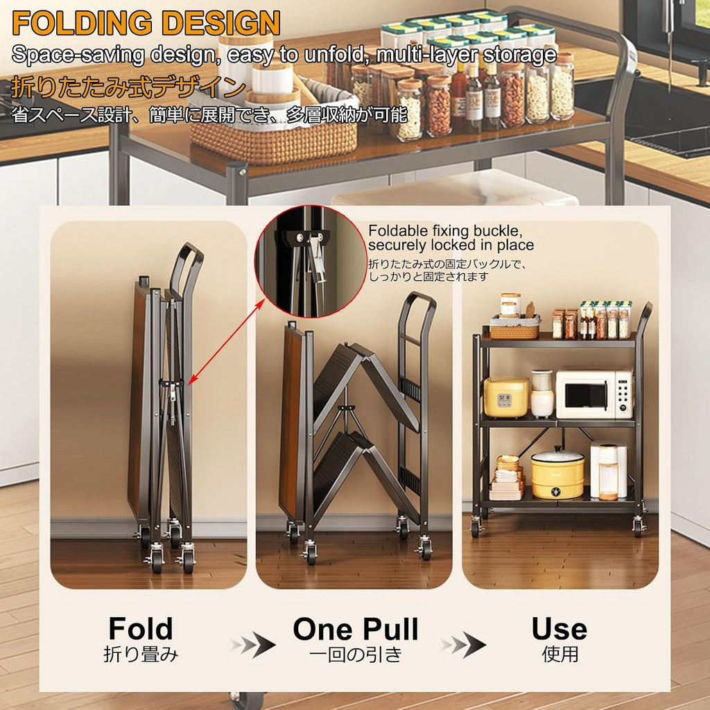 Microwave Stand,Bakers Rack,Kitchen Stands With Storage,3-Tier Foldable, Mobile Cart With Wheels,Suitable For Kitchens,Warehouses,Balconies,And Storage Rooms(Black,70*36*105CM/27.5*14*41IN)