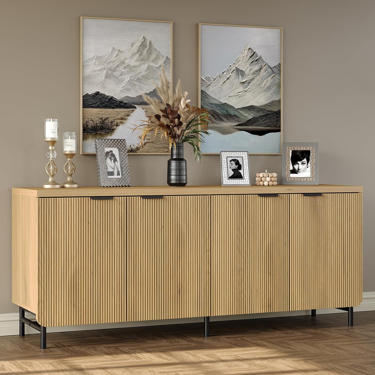 Furniouse Buffet Cabinet with Storage 66.2''W Modern Sideboard with 4 Fluted Doors & Shelves Wood Kitchen Buffet Table Fluted Cabinet for Living Room, Natural Oak