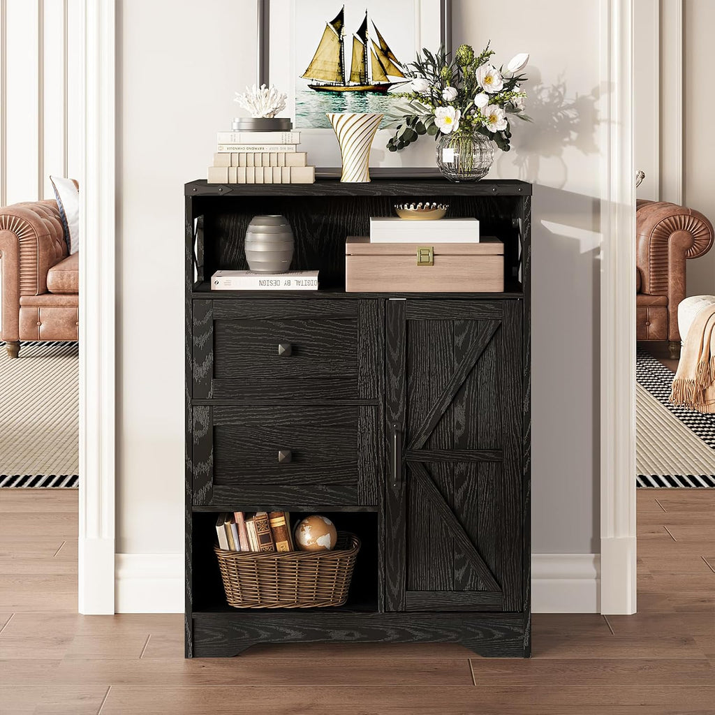 Fameill Farmhouse Storage Cabinet with 2 Drawers & Shelves,Freestanding Kitchen Cabinet with Doors,Floor Storage Organization for Living Room,Bathroom,Laundry,Black