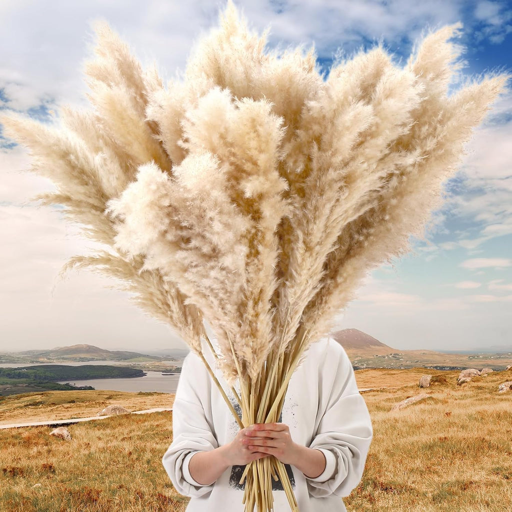 Tigeen 140 Stems Natural Dried Pampas Grass Decor, Large Pampas Grass for Tall Floor Vase, Natural Beige Pompas, Dried Flower Bouquet for Wedding, Party, Farmhouse, Boho Home Decor, 40 Inch