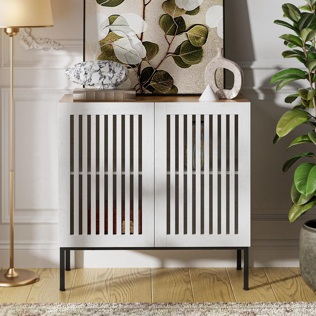 BVIUNTWO 31.5' Farmhouse Buffet Cabinet with Metal Base, Adjustable Shelf & 2 Doors, Antique White Storage Sideboard for Kitchen, Dining & Living Room