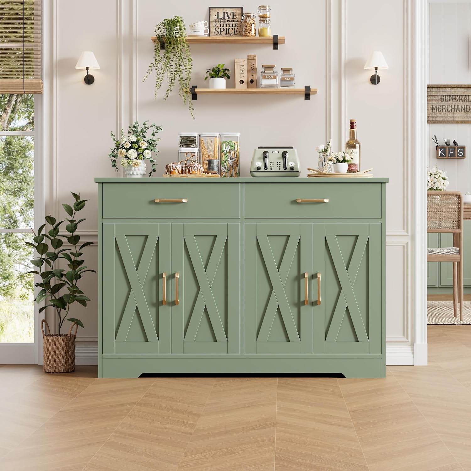 HOSTACK Buffet Cabinet with Storage, 47.2' Kitchen Sideboard Buffet with Drawers, Modern Farmhouse Coffee Bar Station with Shelves, Barn Doors Storage Cabinet for Living Room, Green
