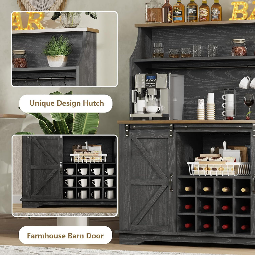 55 Inch Farmhouse Coffee Bar Cabinet with 3-Tier Enclosed Storage Cabinet, Kitchen Hutch with 12 Wine Racks & 3 Glass Holders, Coffee Bar with 6 Hooks, Wood Furniture for Dining Living Room, Black