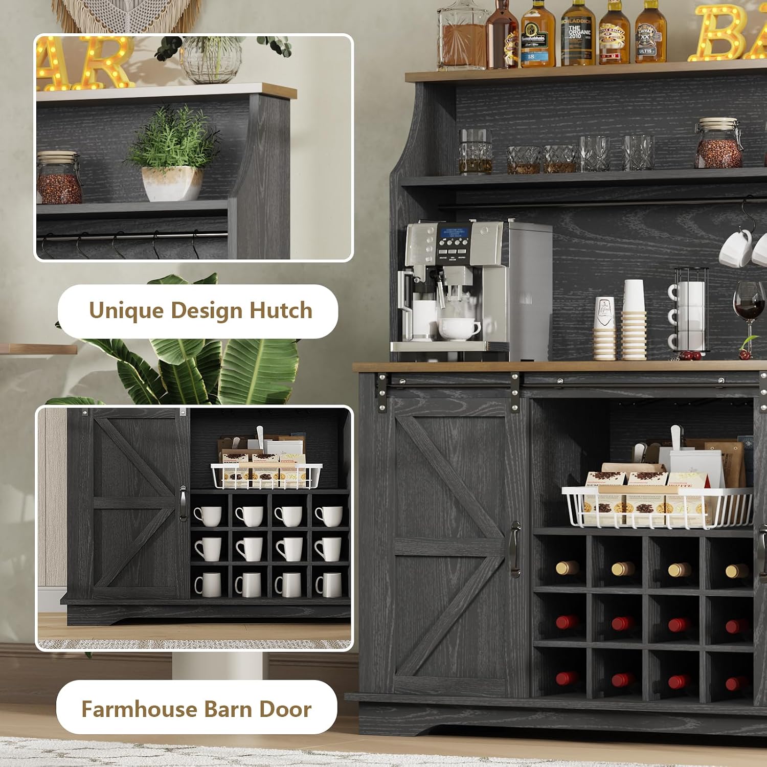 55 Inch Farmhouse Coffee Bar Cabinet with 3-Tier Enclosed Storage Cabinet, Kitchen Hutch with 12 Wine Racks & 3 Glass Holders, Coffee Bar with 6 Hooks, Wood Furniture for Dining Living Room, Black