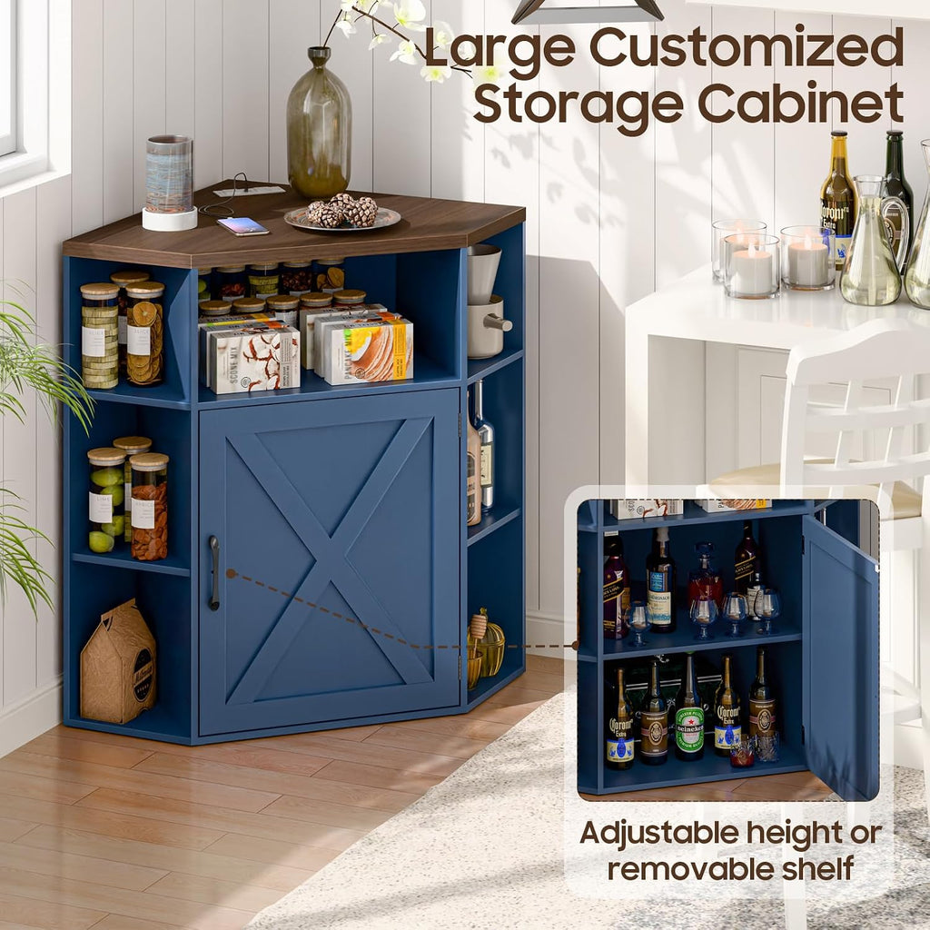 Vabches Corner Cabinet, Corner Storage Shelf with USB Ports and Outlets Industrial Organizer for Small Space Wooden 6-Cubby Bookshelf for Study, Playroom, Living Room (Blue and Brown)