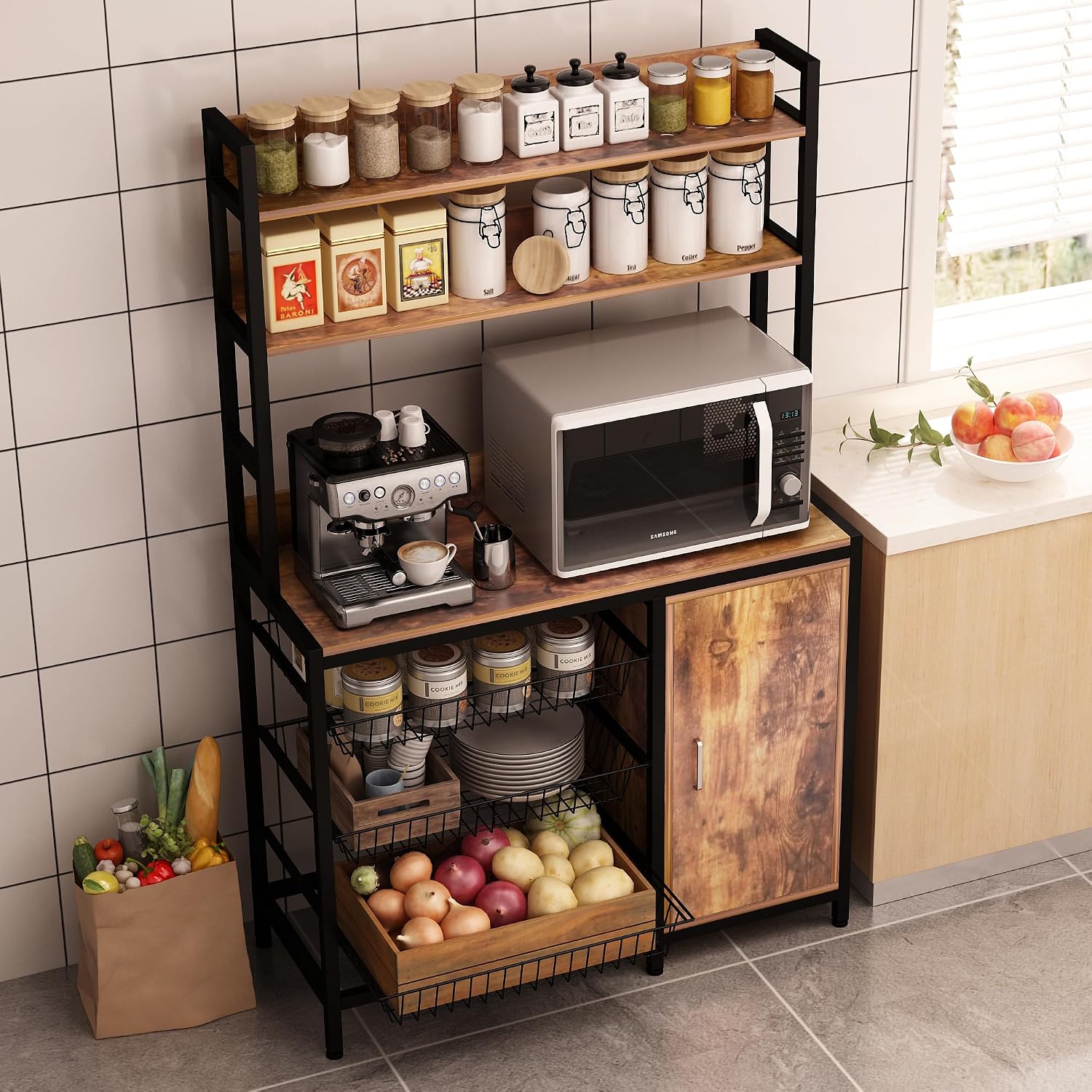 Kitchen Bakers Rack with Baskets and Door Cabinet,5-Tier Free Standing Storage Shelf Rack,Industrial Microwave Oven Stand for Kitchen, Dining Room,Living Room