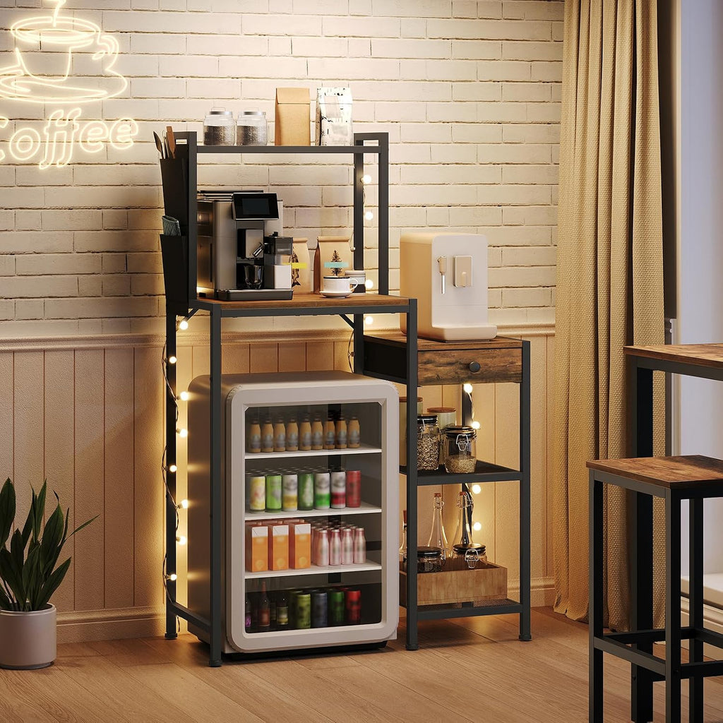 MAHANCRIS Bar Cart for Home and Fridge Stand Bundle, Bakers Rack with Refrigerator, Microwave Stand with Storage, Coffee Bar Station with 1 Drawer, Storage Shelf for Kitchen, RCJ61B01-RSHR5401