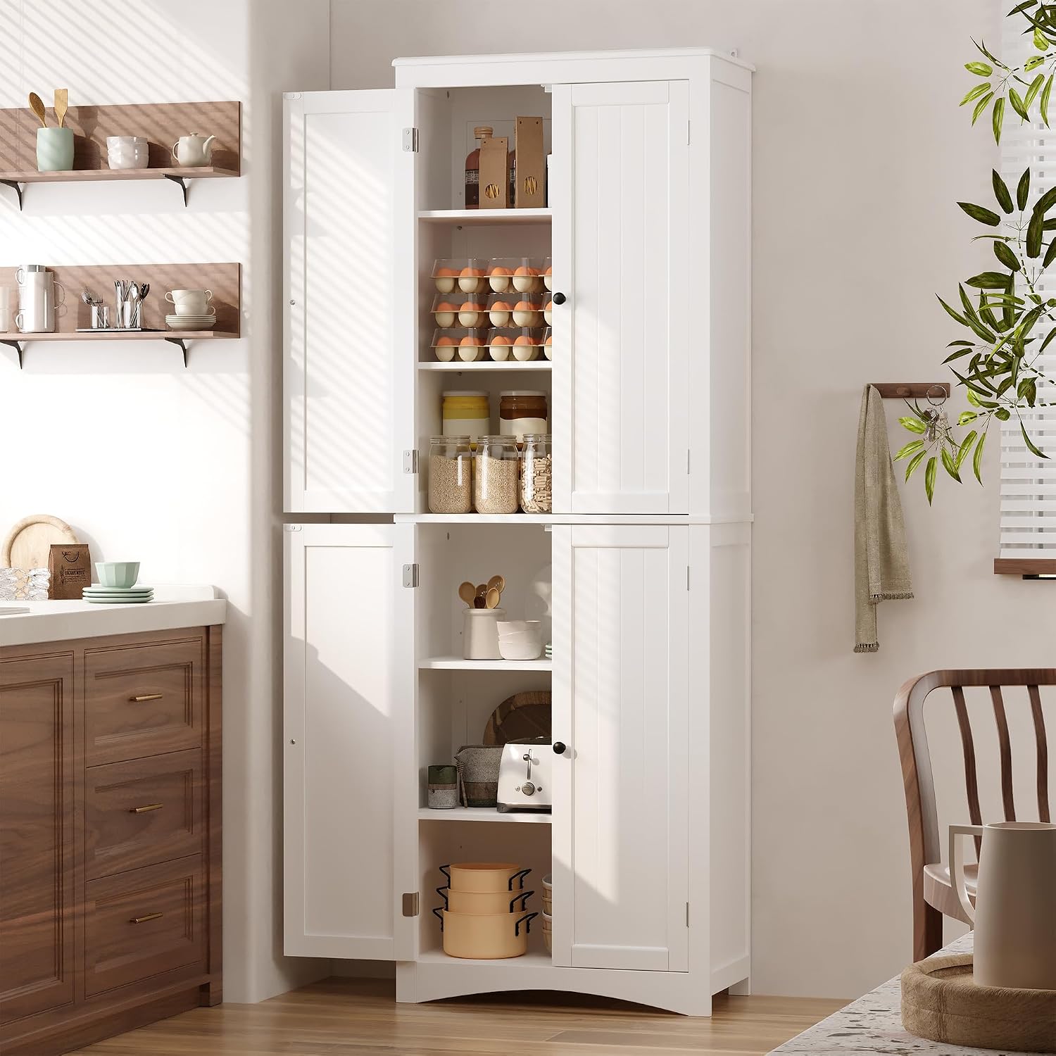 Gizoon Tall Bathroom Storage Cabinet with Adjustable Shelves, 67' H Freestanding Storage Unit with 4 Magnetic Doors, Kitchen Pantry Cabinet for Dining Room, Living Room, White