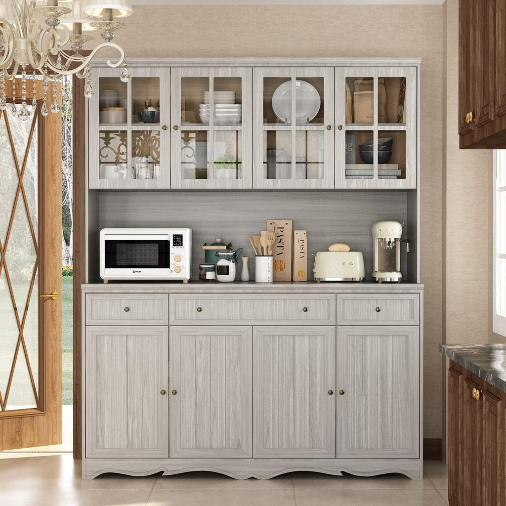 FUFU&GAGA 74.8' Tall Kitchen Pantry Cabinet with 5 Tiers Shelf, 8 Doors & 3 Drawers & Microwave Stand, Freestanding Hutch Cabinet with Buffet Cupboard for Kitchen, Dinningroom