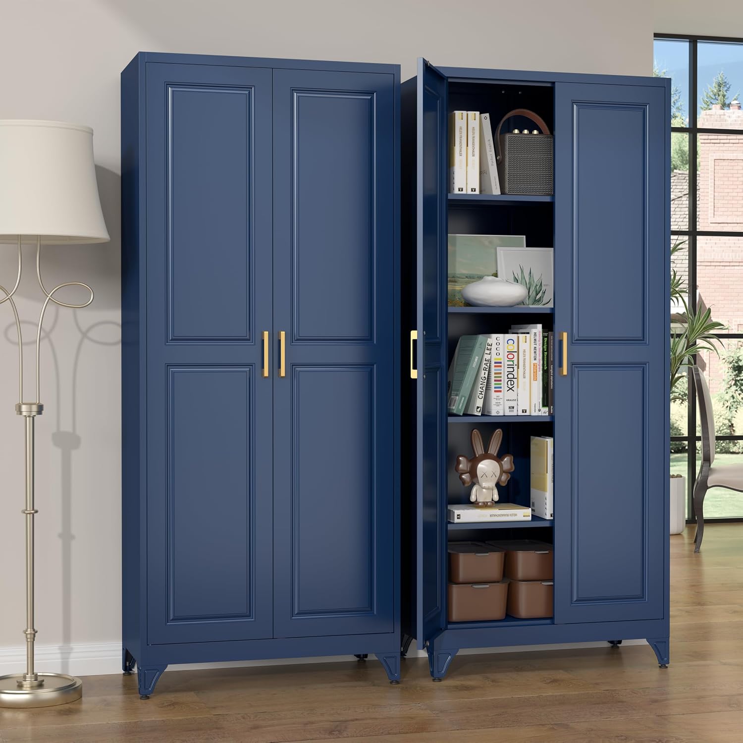 SteeLoong 75'Kitchen Pantry Cabinet,Blue Metal Storage Cabinets with Doors and 4 Adjustable Shelves,Kitchen Cabinet with 2 Gold Handles,Tall Cabinet for Livingroom,Pantry, Bathroom