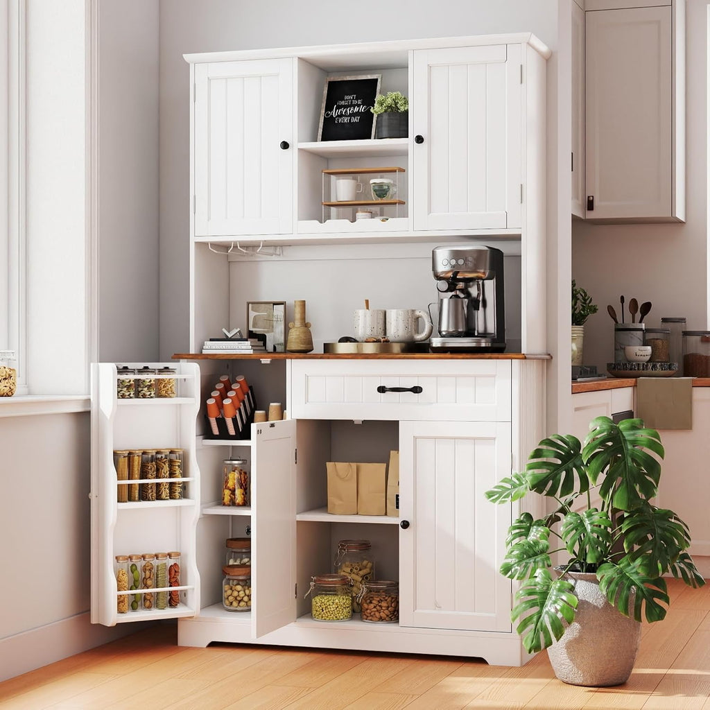 Gizoon Kitchen Pantry Cabinet with Countertop Kitchen Hutch Storage Cabinet 67.7' Tall Pantry Coffee Bar with Storage for Dining Room and Craft Room, White and Rustic