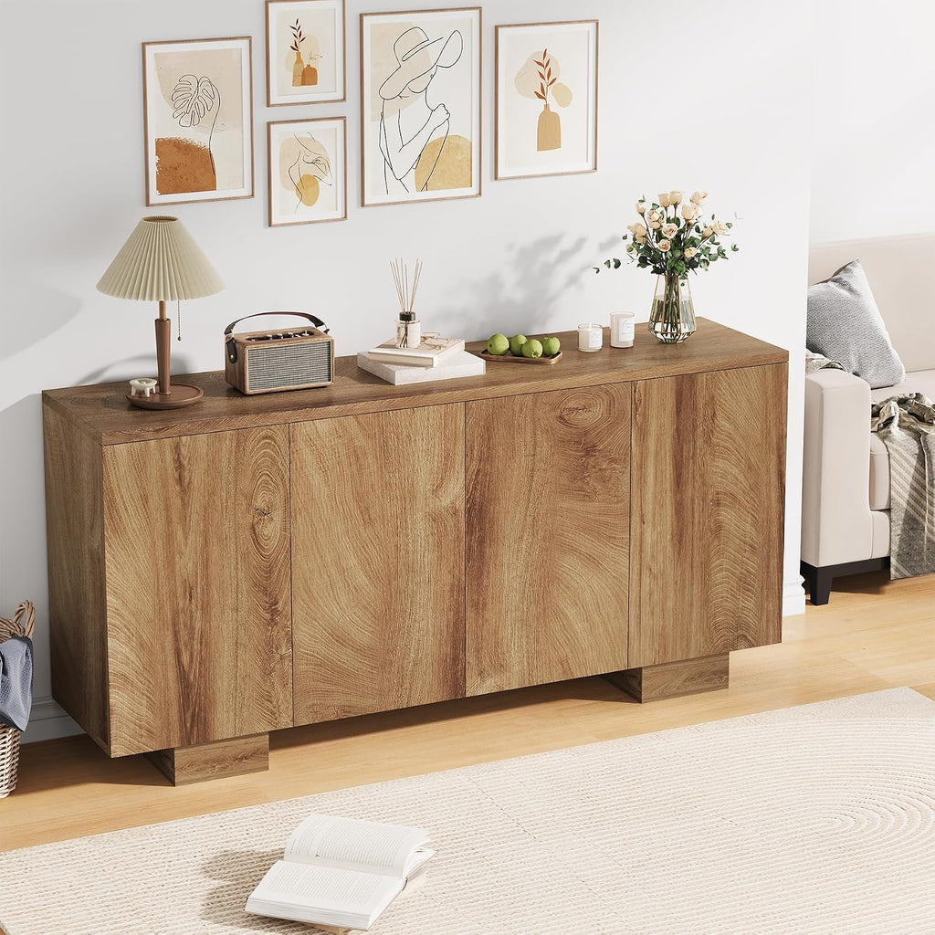 Sideboard Buffet Cabinet with Storage, Farmhouse Coffee Bar Cabinet with 4 Doors & Adjustable Shelves for Living Room, Kitchen, Hallway, Oak