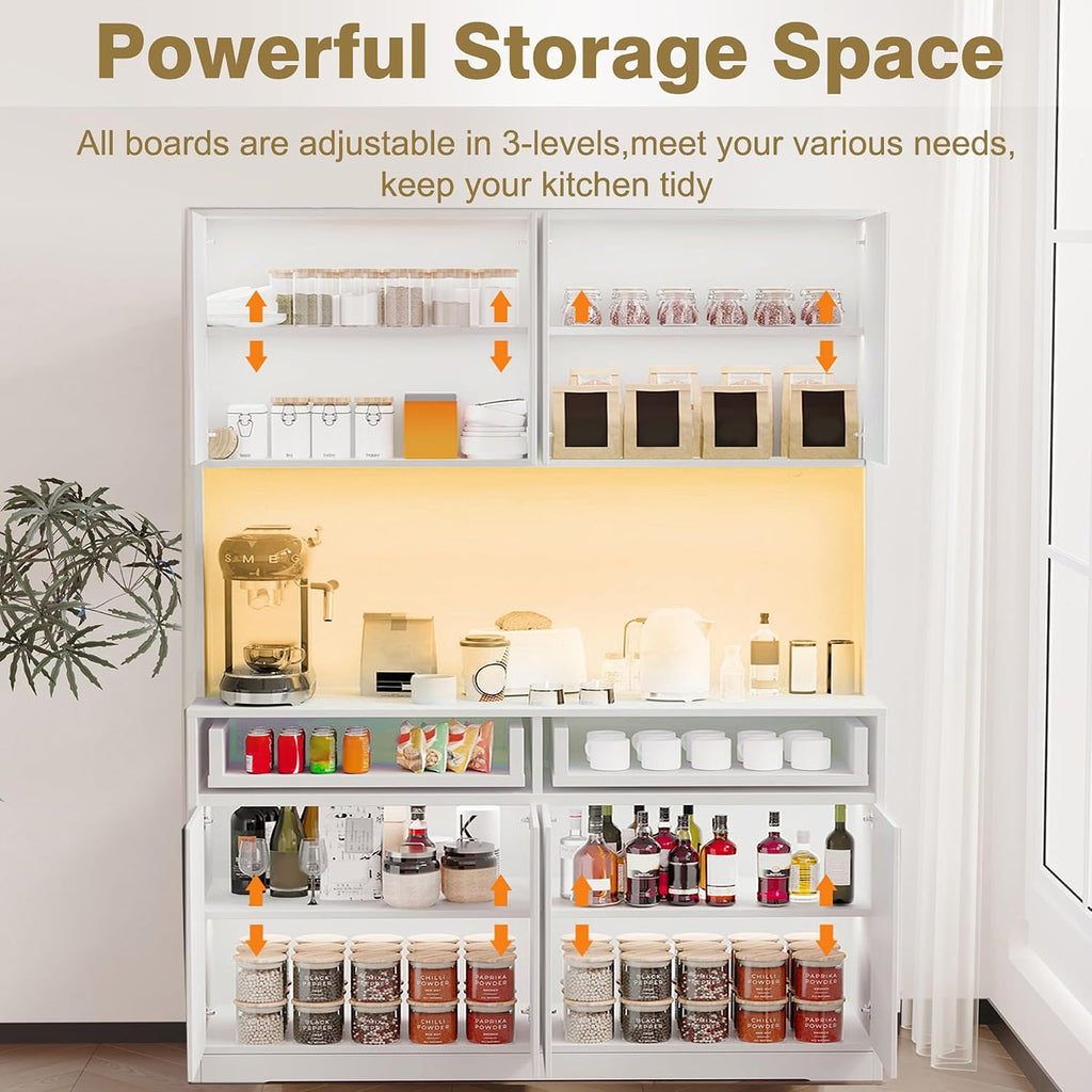 71' Tall 47' Wide Large Kitchen Pantry Storage Cabinet w/ Power Outlet,Led Light, Kitchen Hutch Pantry Cabinet w/ 2 Drawer and 8 Doors,Modern Freestanding Buffet Cabinets for Kitchens,Dining Room