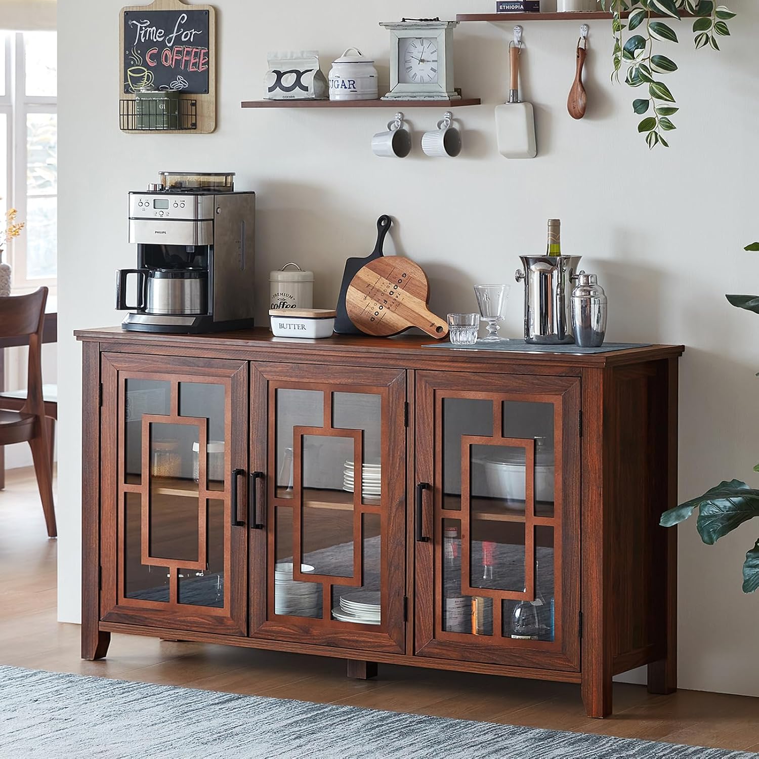 Joaxswe Large Sideboard Buffet Cabinet with Storage, 55' Farmhouse Credenza with 3 Glass Doors, Adjustable Shelves Console Table, Wood Kitchen Coffee Bar for Dining Room, Living Room, Brown