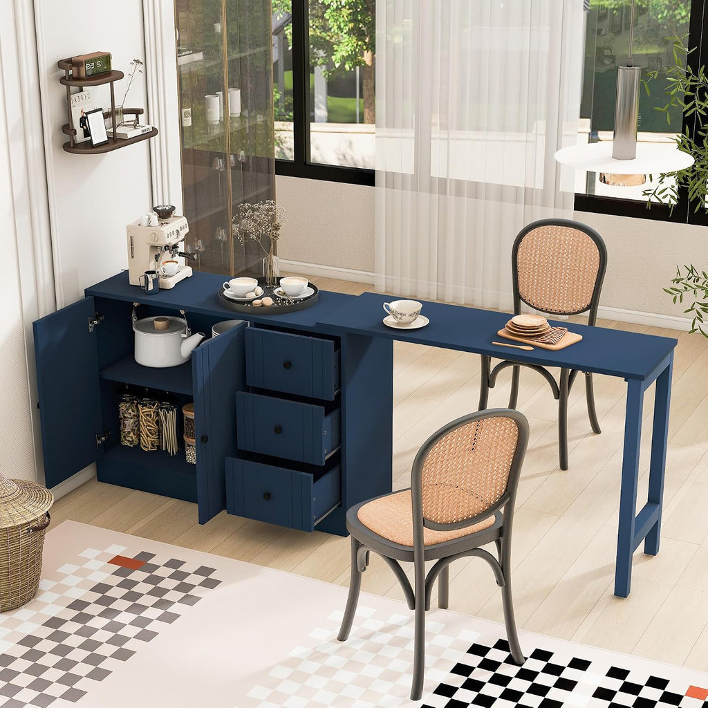 90' Extendable Freestanding Storage Cabinet, Kitchen Storage Bakers Rack with Adjustable Shelf, Utility Food Cupboard with Silent Drawers for Kitchen and Living Room, Navy Blue