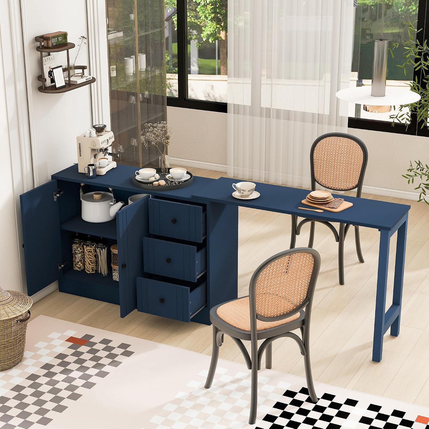 90' Extendable Freestanding Storage Cabinet, Kitchen Storage Bakers Rack with Adjustable Shelf, Utility Food Cupboard with Silent Drawers for Kitchen and Living Room, Navy Blue