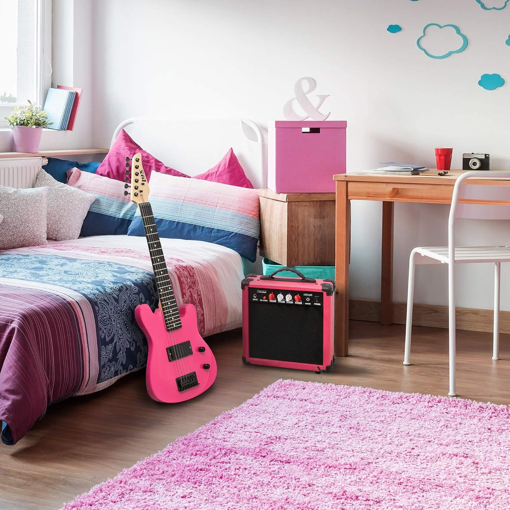 LyxPro 30 Inch Electric Guitar and Starter Kit for Kids with 3/4 Size Beginner's Guitar, Amp, Six Strings, Two Picks, Shoulder Strap, Digital Clip On Tuner, Guitar Cable and Soft Case Gig Bag - Pink