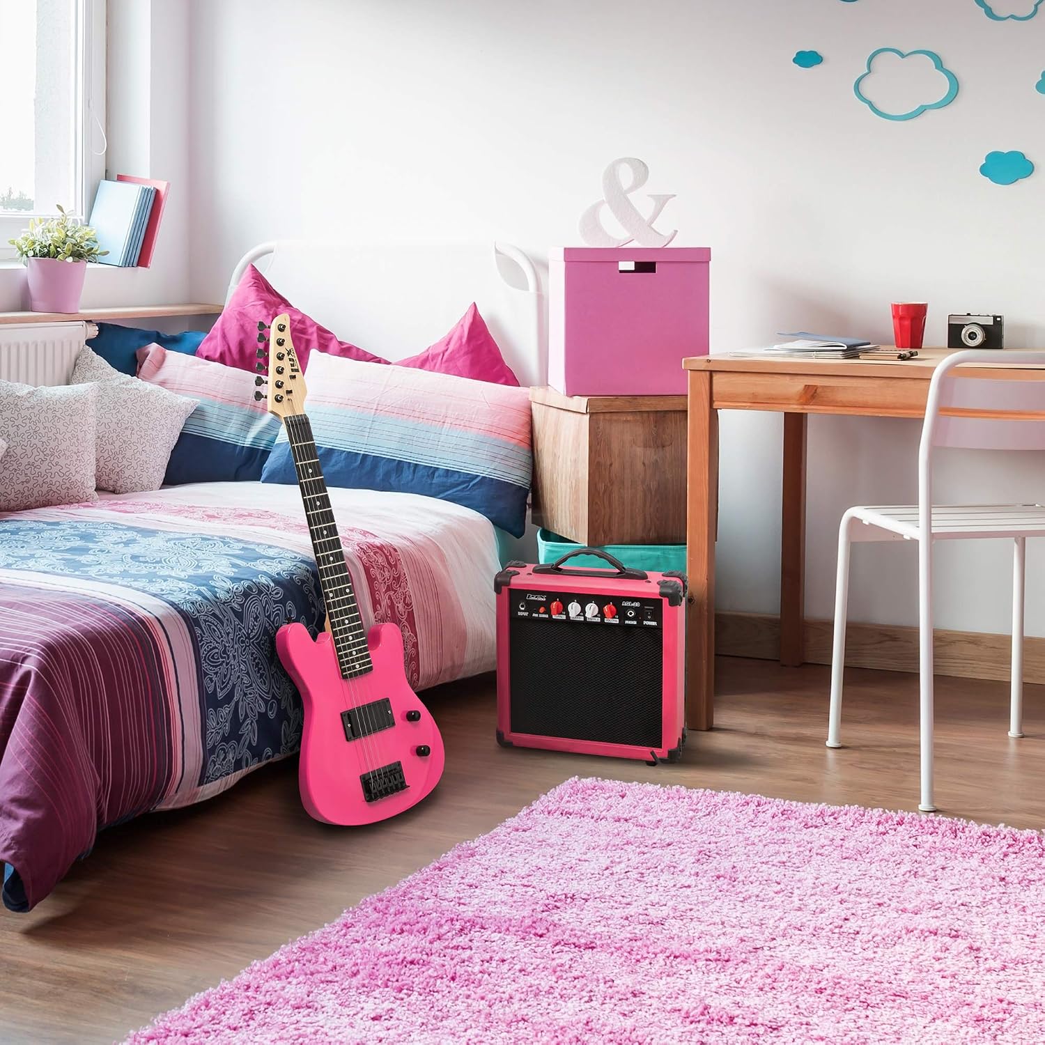 LyxPro 30 Inch Electric Guitar and Starter Kit for Kids with 3/4 Size Beginner's Guitar, Amp, Six Strings, Two Picks, Shoulder Strap, Digital Clip On Tuner, Guitar Cable and Soft Case Gig Bag - Pink