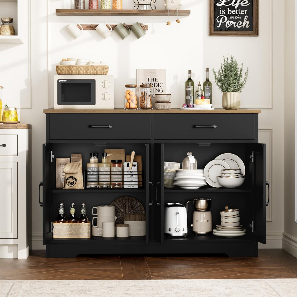 HOSTACK Buffet Cabinet with Storage, 47.2' Kitchen Sideboard Buffet with Drawers, Modern Farmhouse Coffee Bar Station with Shelves, Barn Doors Storage Cabinet for Living Room, Black/Rustic Brown