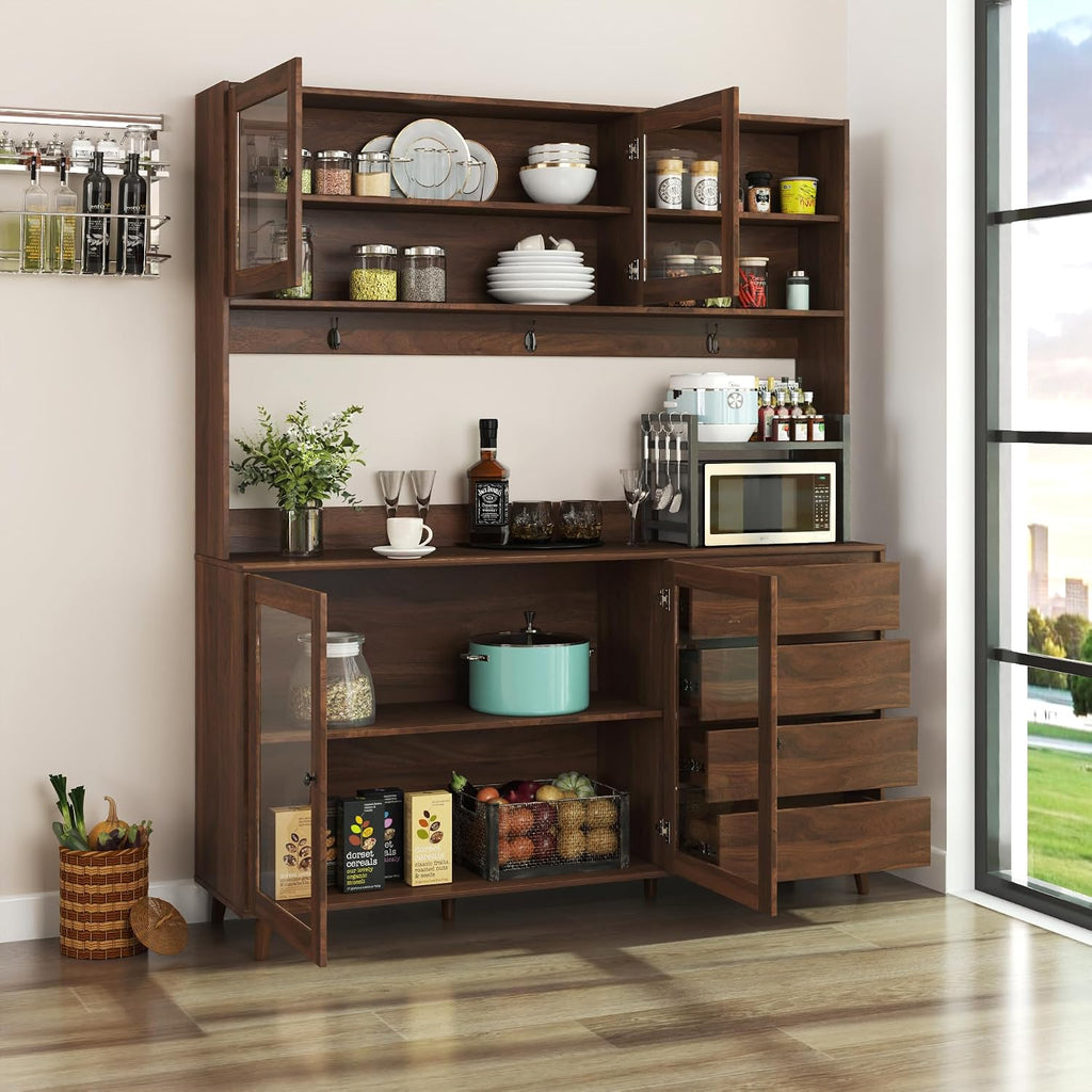 Ball & Cast 63' Large Kitchen Hutch Cabinet with Multi-Layer Shelves and 4 Doors & Drawers,Freestanding Pantry Storage Cupboard with Microwave Shelf,for Kitchen,Apartment,Livingroom,Walnut