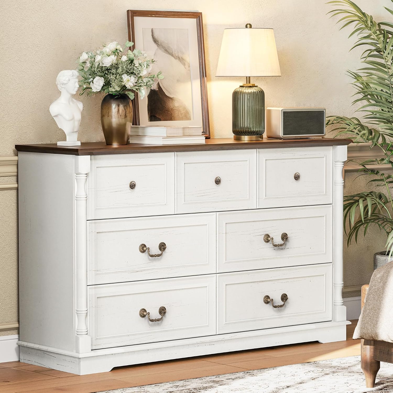Pamapic Farmhouse Dresser with 7 Drawers, 52' Wide Rustic Chest of Drawers with Natural Texture & Retro Handles, White Vintage Storage Dresser TV Stand for Bedroom, Living Room, Antique White
