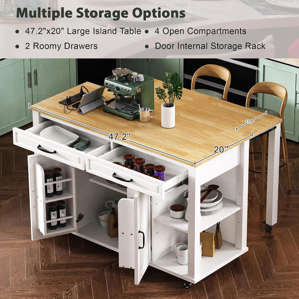 47' Kitchen Island with Extendable Dining Table, Rubber Wood Veneer Kitchen Table with Internal Storage Rack, Power Outlet, 2 Drawers, 2 Cabinet for Kitchen, Dining Room White