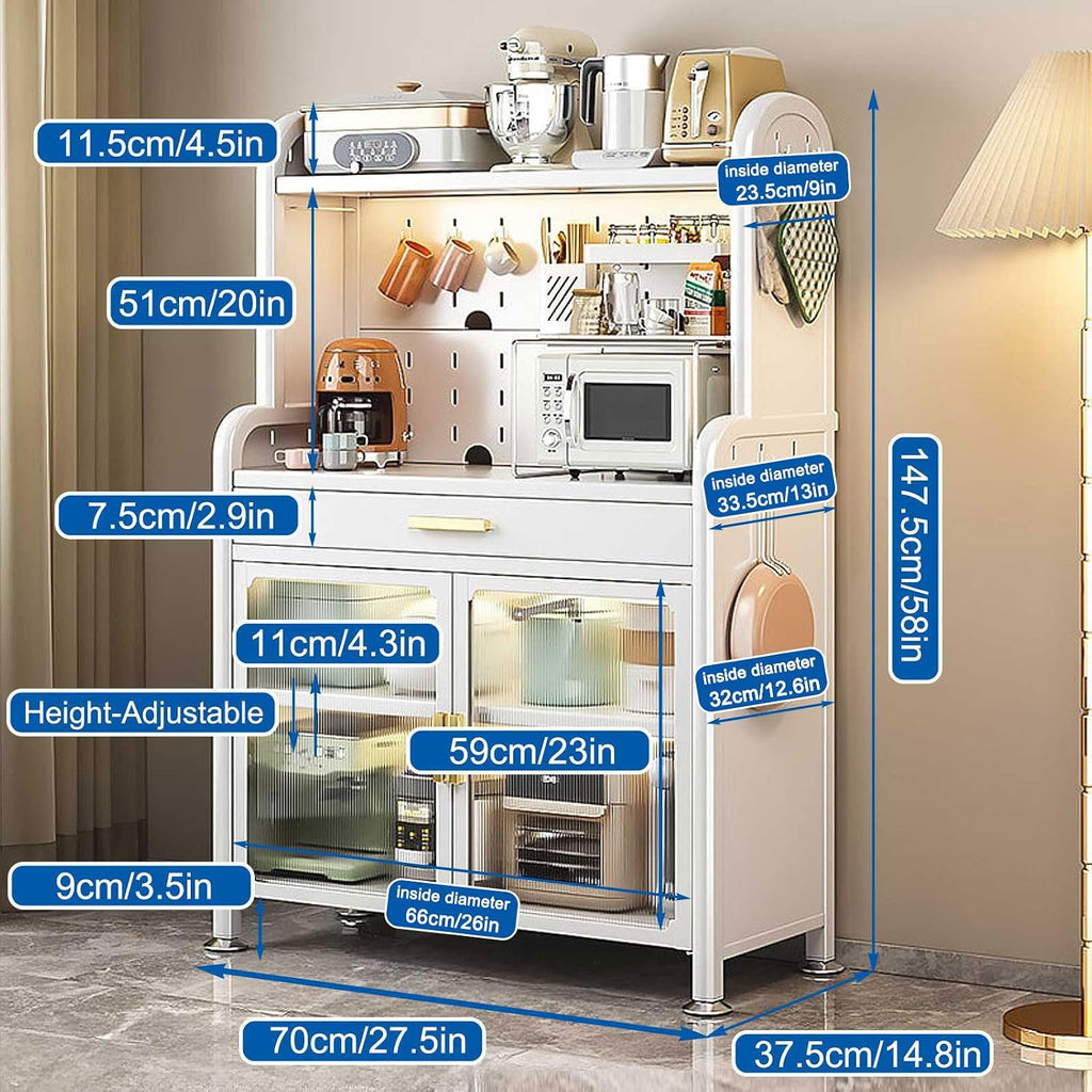 Kitchen Bakers Rack with Drawer, 5 Tier Microwave Stand, Kitchen Utility Storage Shelf with Adjustable Shelf, Kitchen Storage Cabinets, Free Standing Kitchen Shelf,White,147.5×70cm/58×27.5in