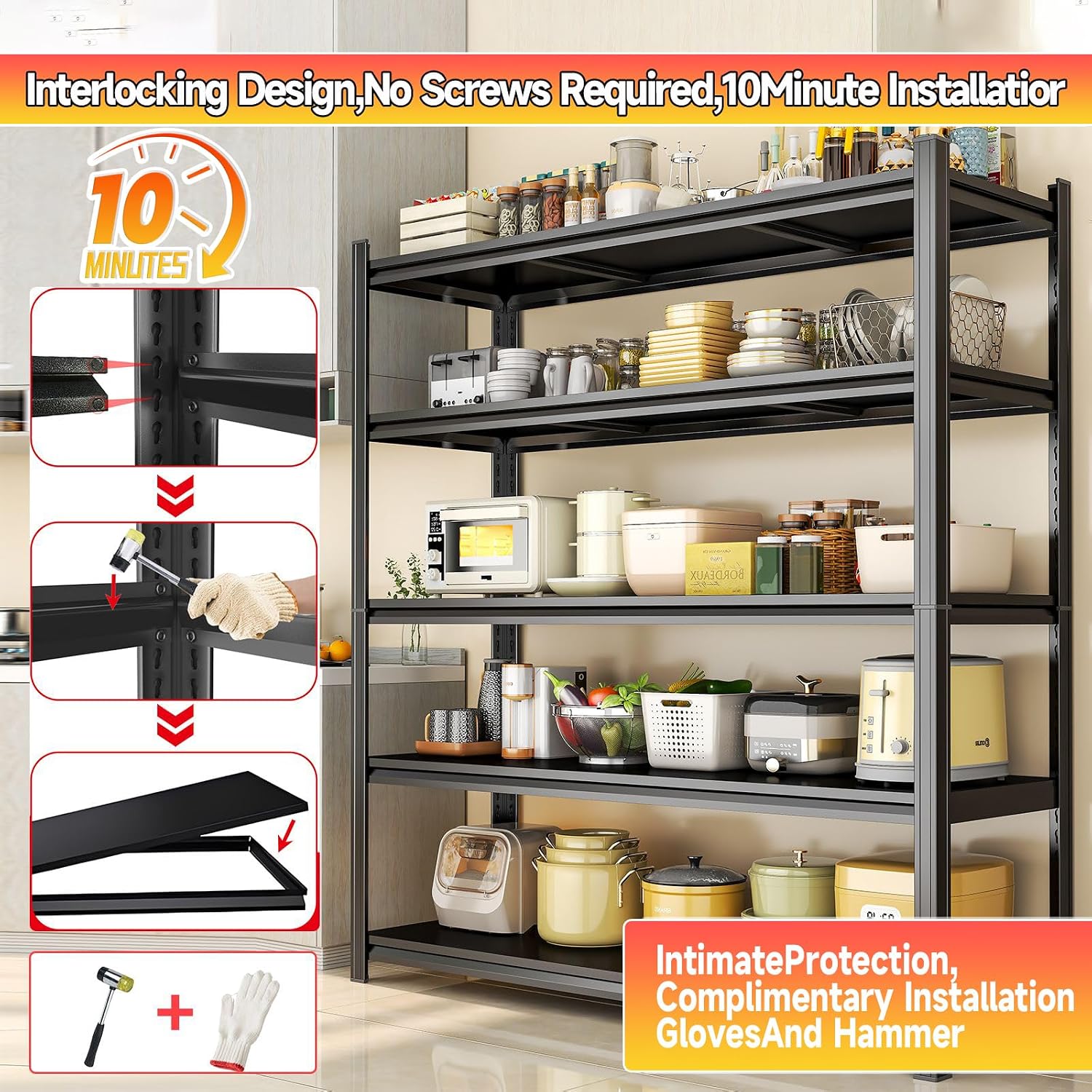 5-Tier Adjustable Storage Rack Metal Shelving 48' W x 73' H Metal Storage Shelf Black Shelving Unit 2000LBS Shelvs for Kitchen Pantry Basement