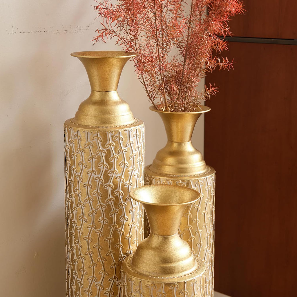 Floor Vases Decorative Tall - 34/29/25in Metal Extra Large Decorative Vase Set of 3, Gold Tall Floor Vase for Home Decor, Living Room Entryway Decor Dining Bedroom Home Corner Indoor Office