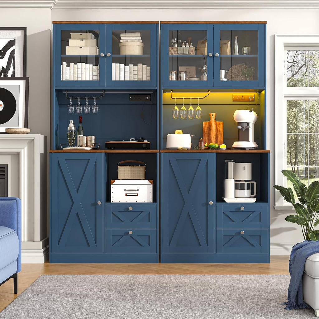 71' Tall Coffee Bar Cabinet with Storage Hutch, Farmhouse Kitchen Pantry Cabinet with LED Lights Microwave Stand and Glass Holder for Home Dining Room Kitchen (Blue)
