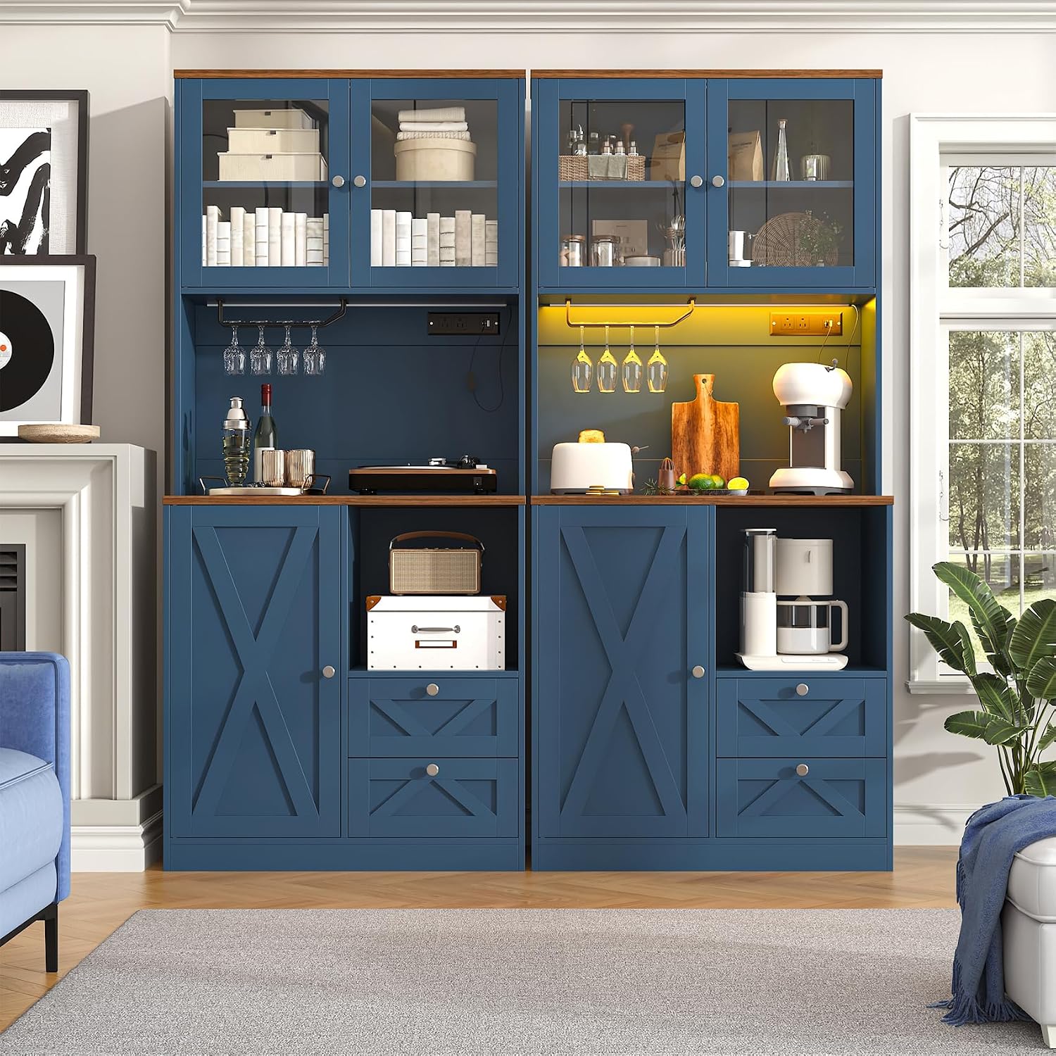 71' Tall Coffee Bar Cabinet with Storage Hutch, Farmhouse Kitchen Pantry Cabinet with LED Lights Microwave Stand and Glass Holder for Home Dining Room Kitchen (Blue)