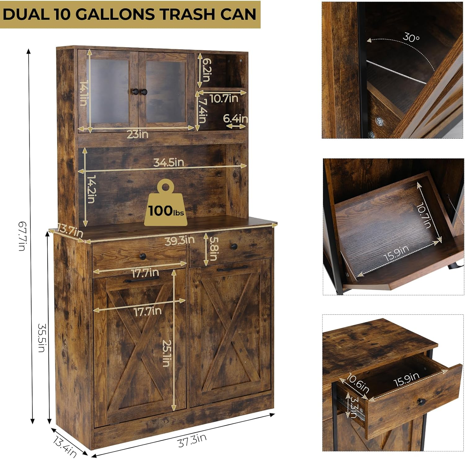Arlopu Dual Tilt Out Trash&Storage Cabinet, Kitchen Sideboard Cupboard W/Pet Proof 10X2 Gal Hidden Garbage Holder, Freestand Laundry Sort Cabinet, W/Drawer, Shelves,Barn Door (Vintage Wood)