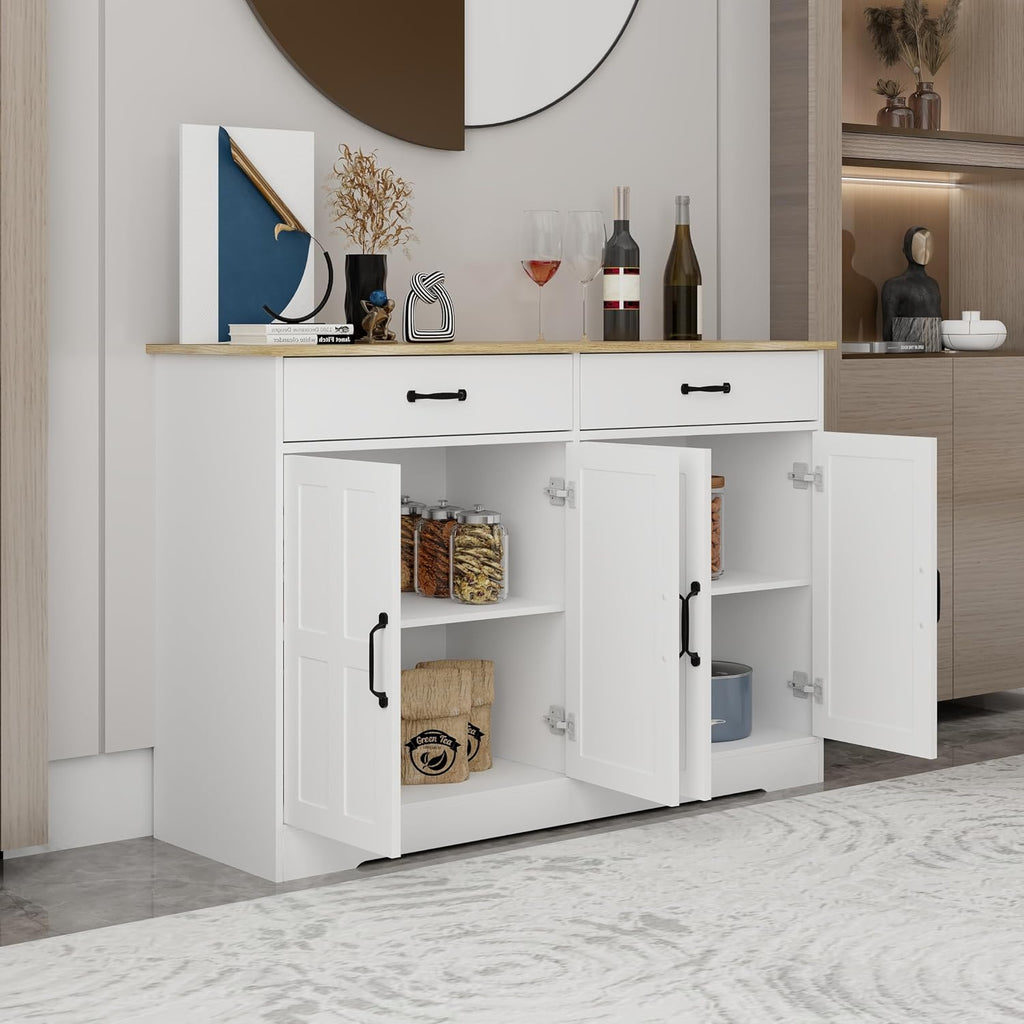 48' Farmhouse Freestanding Storage Cabinet, Kitchen Storage Bakers Rack with Drawers, Utility Food Cupboard for Home, White