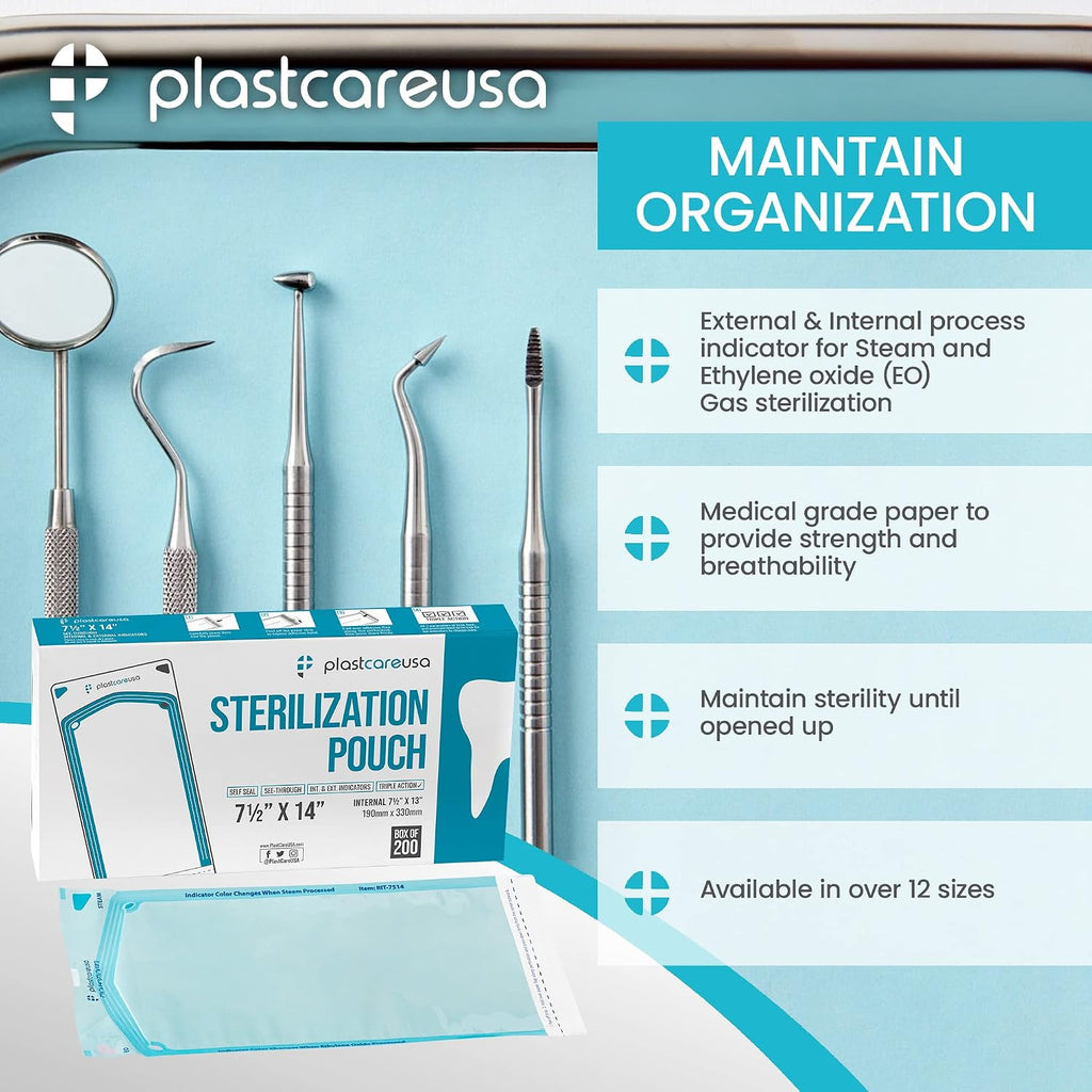 1000 7.5 X 13 Self Sealing Sterilization Pouches - Autoclave Sterilizer Bags Pouch for Sterilizing Dental Medical Instruments and Cleaning Tools - Latex-Free, Color Changin Indicator by PlastCare USA