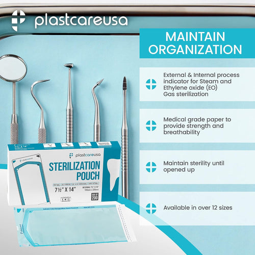 1000 7.5 X 13 Self Sealing Sterilization Pouches - Autoclave Sterilizer Bags Pouch for Sterilizing Dental Medical Instruments and Cleaning Tools - Latex-Free, Color Changin Indicator by PlastCare USA