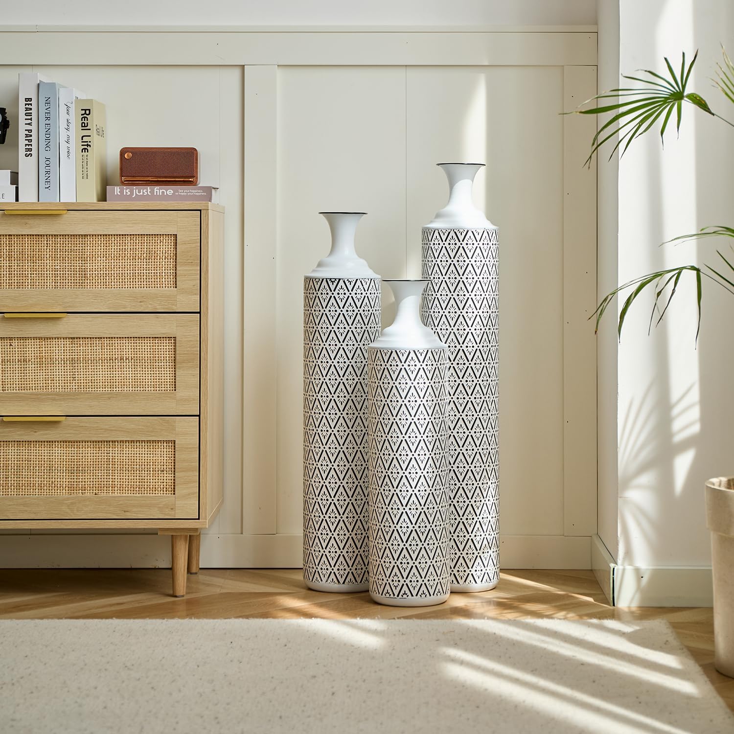 Set of 3 Gorgeous White Metal Vases - Unique Floor Decoration, Large Glazed Metal Vases at 24in, 28.7in, 33.5in for Modern Black & White Home Designs