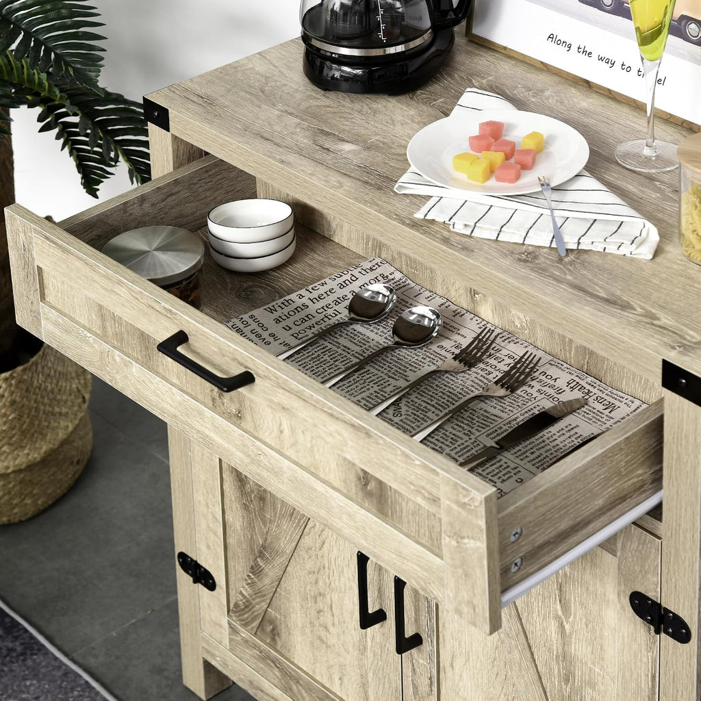 HOMCOM Sideboard with Storage Drawer, Modern Farmhouse Kitchen Cabinet with 2 Barn Doors, Coffee Bar Cabinet, Oak